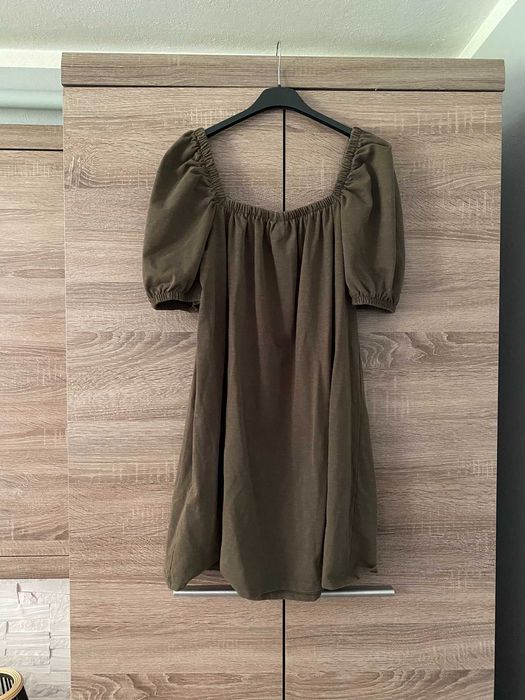 Sukienka khaki okryte ramiona hiszpanka H&M roz. S letnia z bufkami
