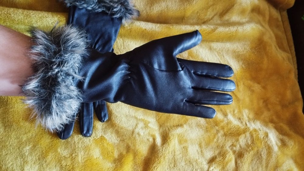 Фіолетові довгі рукавички з хутром кожанные перчатки длинные завязках