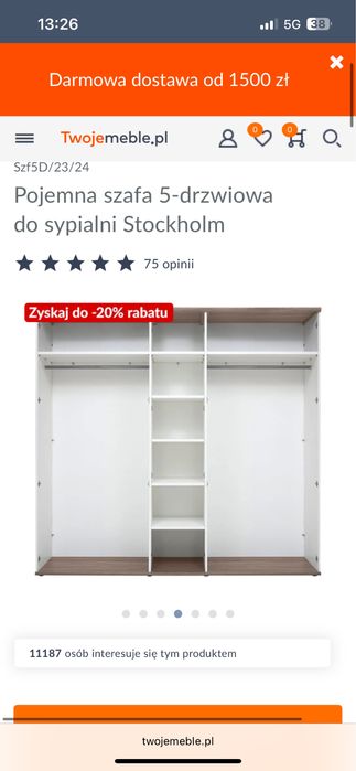 Pojemna szafa 5-drzwiowa do sypialni Stockholm