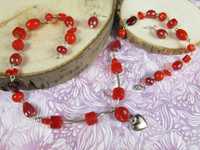 Naszyjnik kolczyki serce czerwony matowy błyszczący szkło handmade