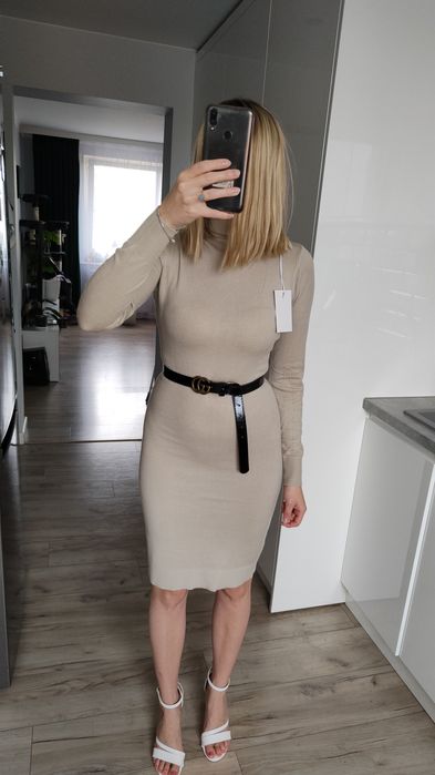 Sukienka wiskoza  sweterek długa golf beż Xs S M