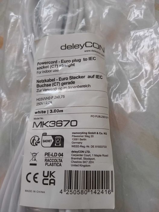 Cabo alimentação de 3mts. deleyCON mod. MK3670.