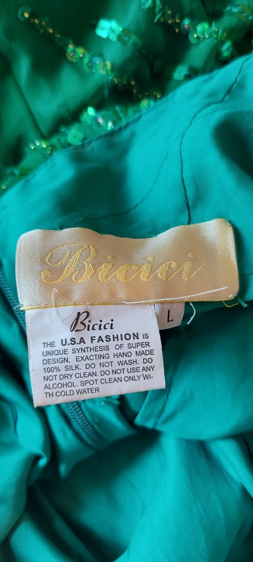 Sukienka zielona z efektem wow L 40 bicici 100% silk jedwab święta wes