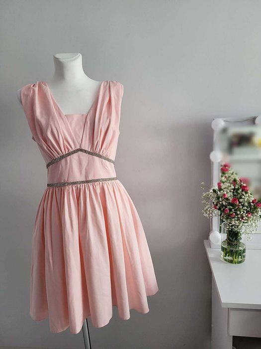 Sukienka rozkloszowana różowa kryształki wesele komunia chrzciny L XL