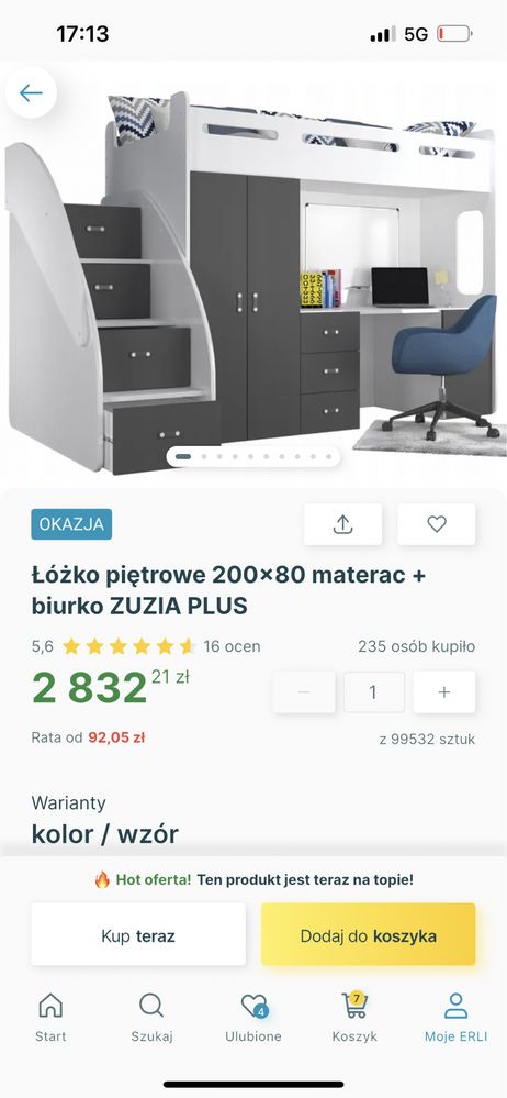 Łóźko piętrowe + matrac