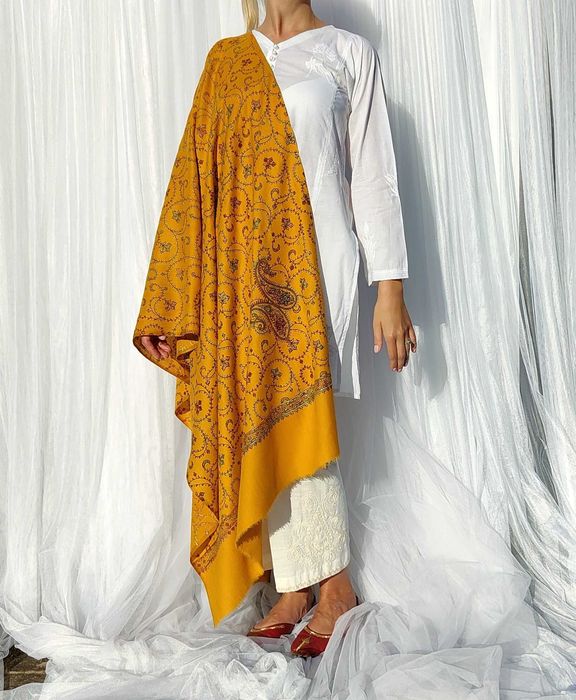 Szal orientalny żółty indyjski haft paisley kwiaty szalik pashmina