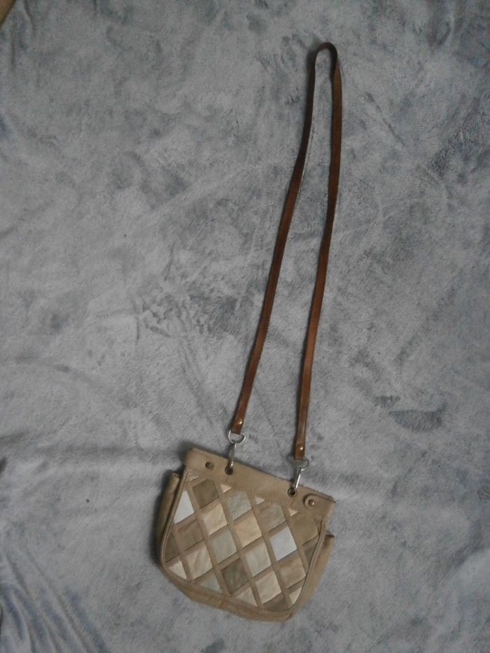 Mała skórzana torebka beżowa kremowa real vintage skóra + ekoskóra