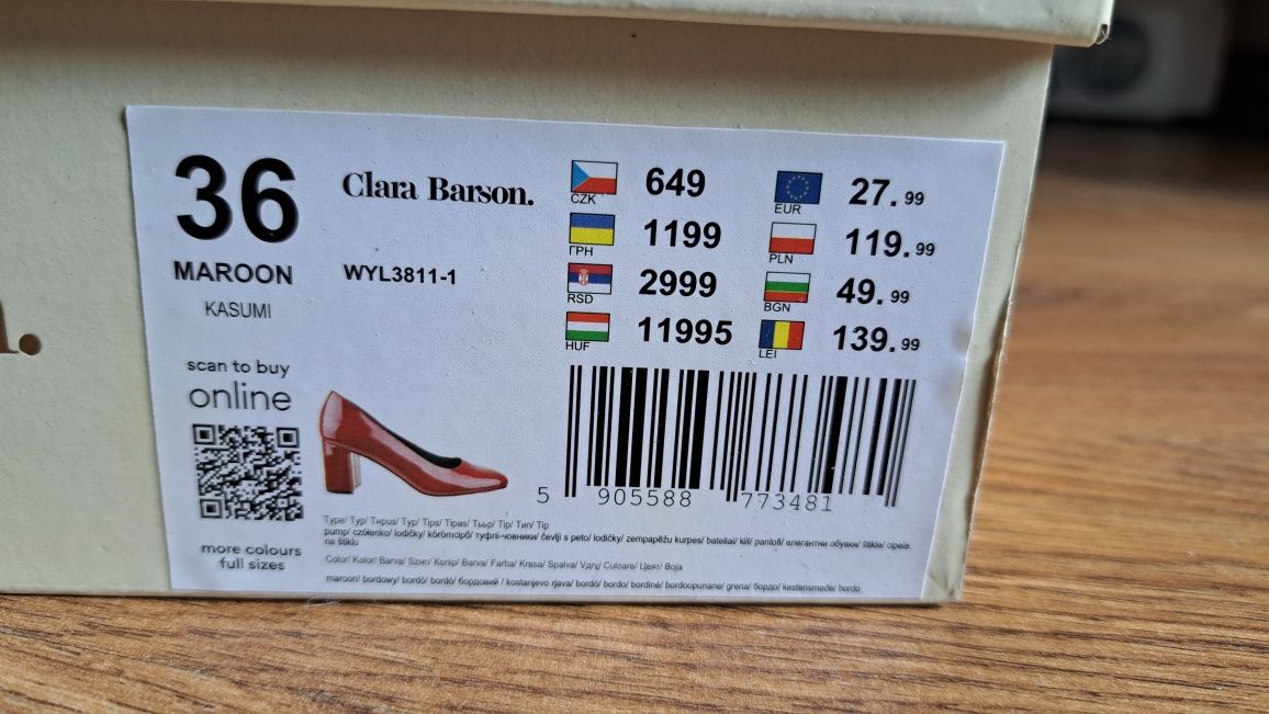 Lakierki damskie Clara Barson r.36 Nowe z paragonem