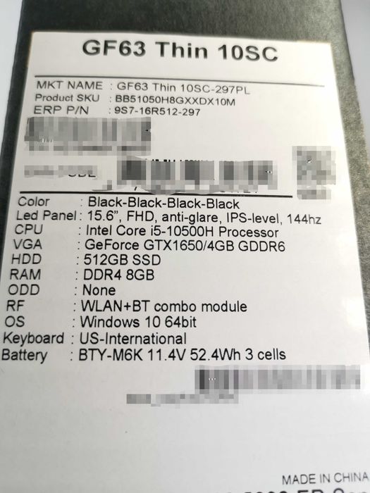 Na Lewara Laptop MSI GF63 Thin 10SC-297PL