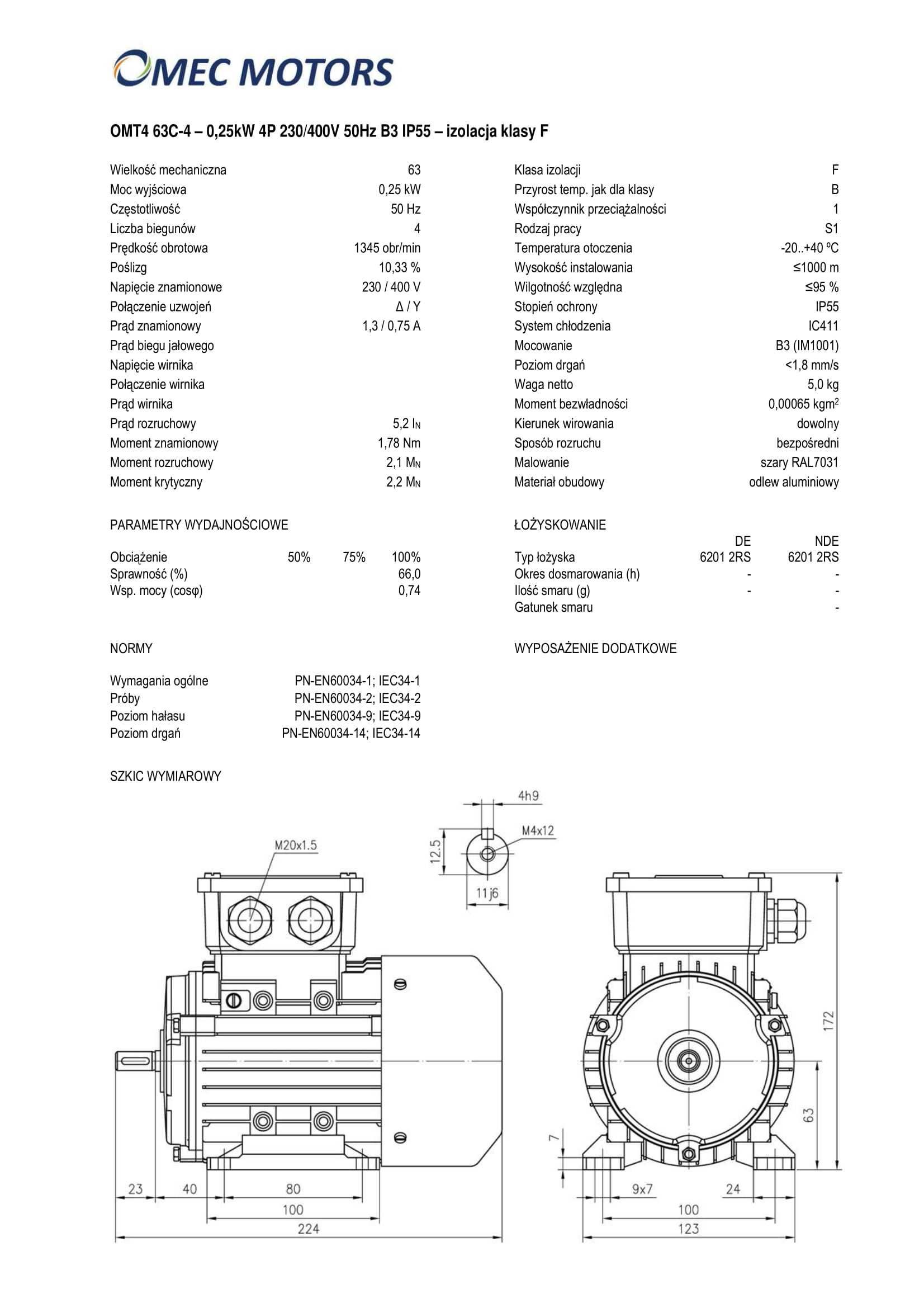 silnik elektryczny 0,25kW 1400obr. 3fazowy 63B3 OMT