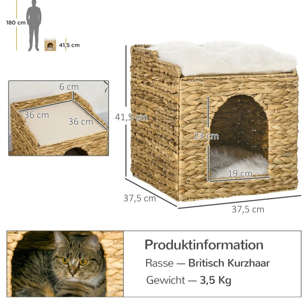 Rattanowy domek dla kotów, jaskinia dla kotów z poduszką