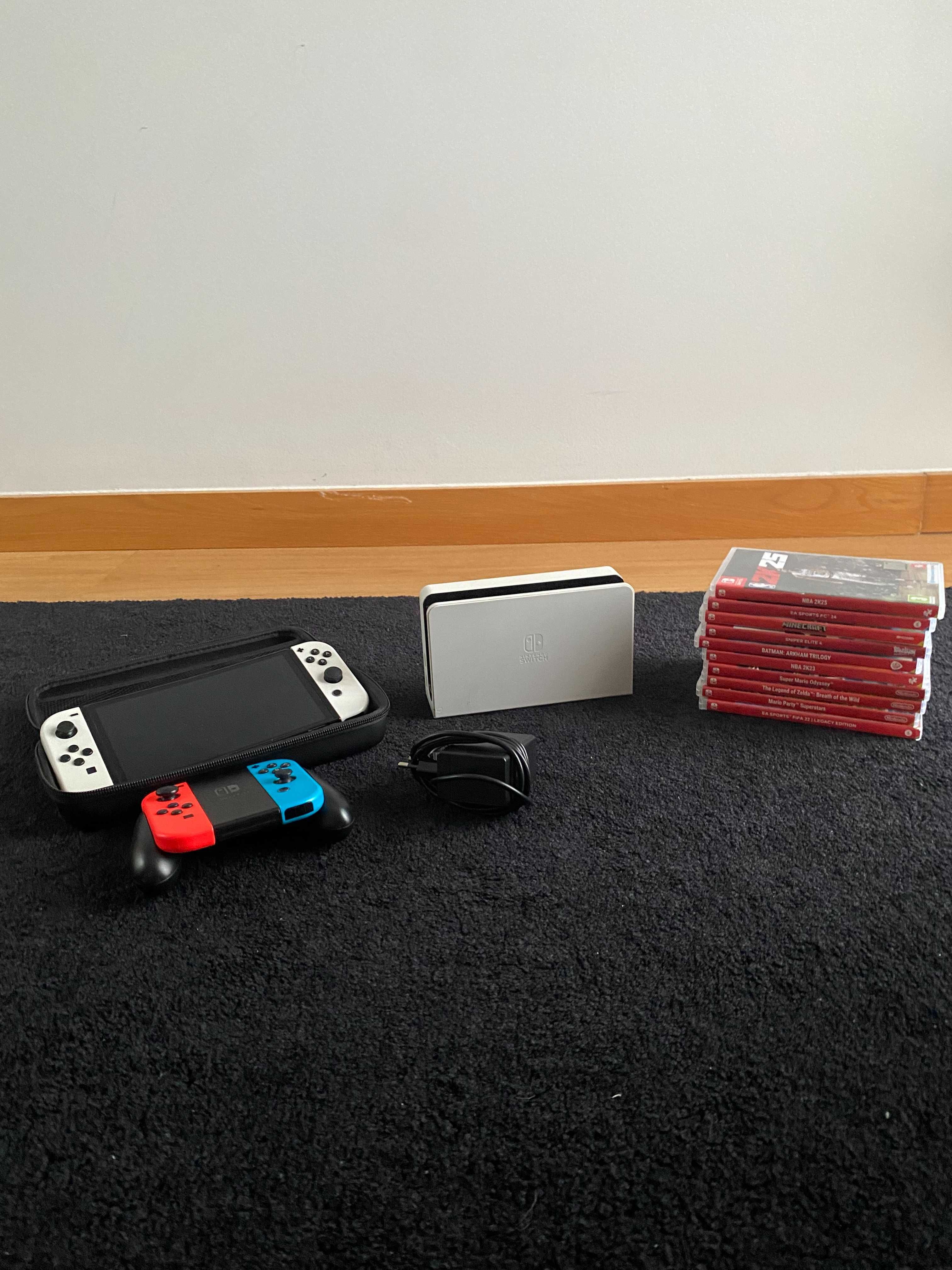 Nintendo switch oled+11 jogos físicos+5digi+2 joycon extra+cartão128gb
