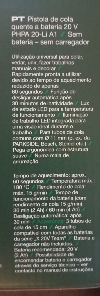 Pistola de cola quente bateria 20V Parkside