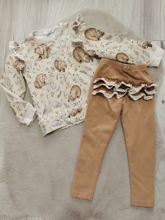 Komplet makba handmade bluza niedźwiadki legginsy brązowe z falbanką r