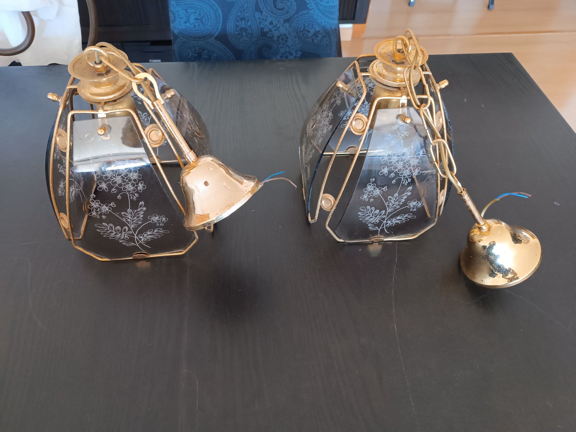 Par de Candeeiros vintage em vidro e dourado