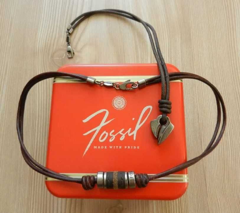Naszyjnik marki FOSSIL stal + skóra unisex nowy