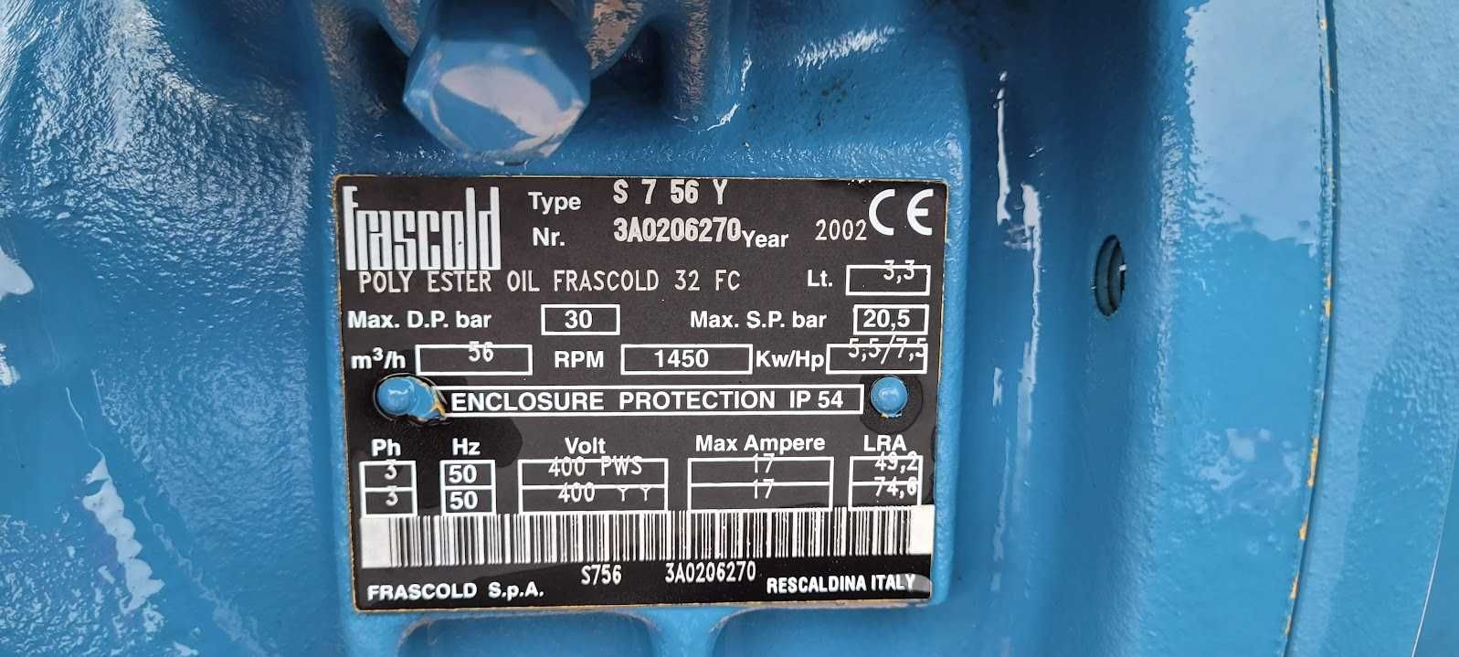 SPRĘŻARKA chłodnicza FRASCOLD S7 56Y S8 56E 56 m3/h 26 KW