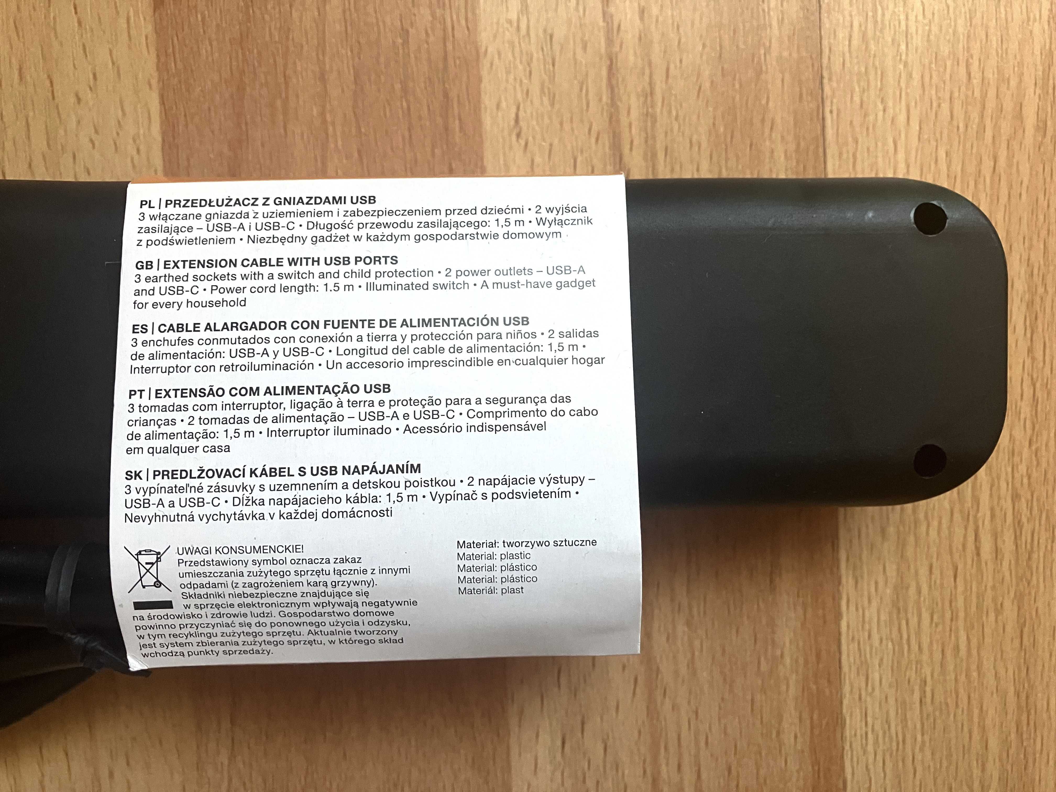 Przedłużacz elektryczny 1,5m z gniazdami USB A i C HYKKER listwa!