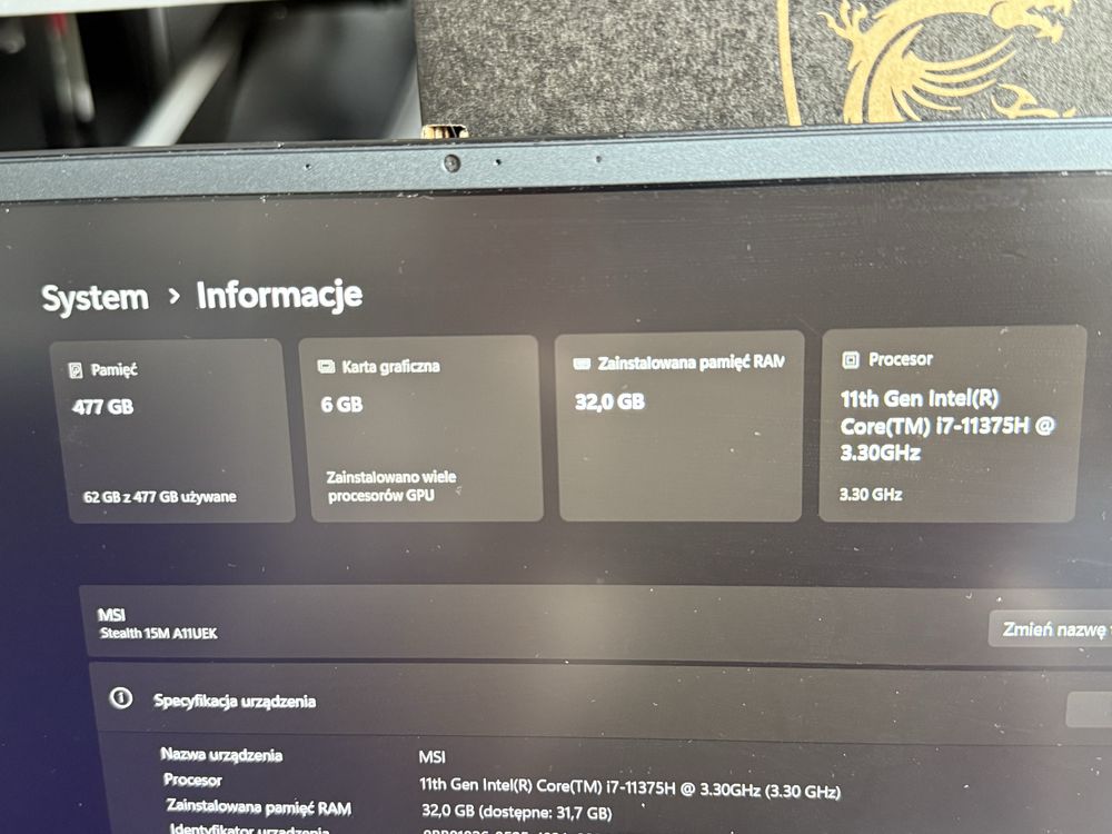 Laptop MSI Stealth 15M A11UEK i7 | RTX3060 | 32 GB RAM + nowa bateria