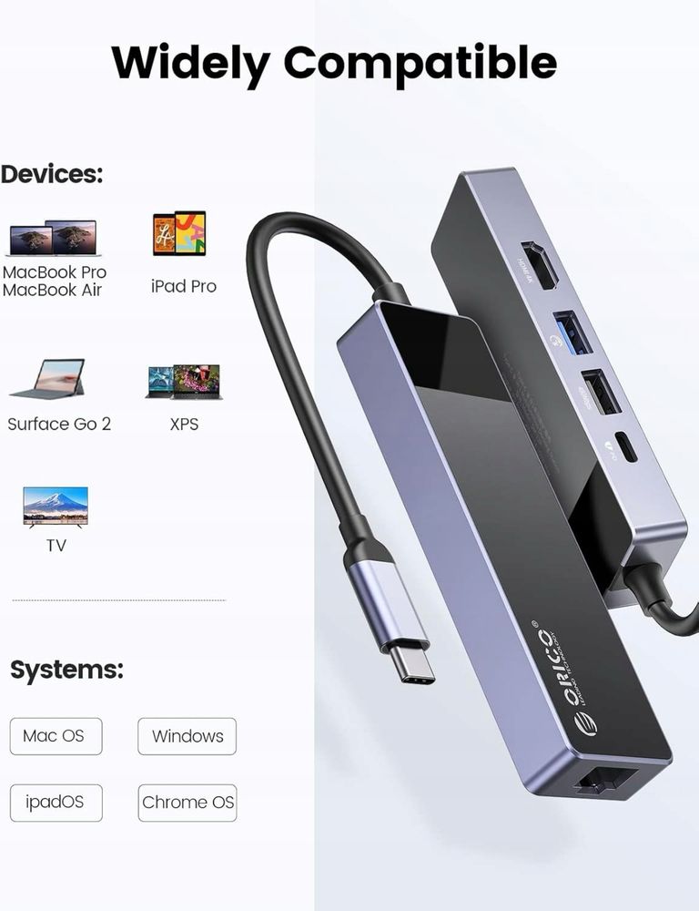 Orico Hub USB-C 5 w 1, LAN, HDMI 4K 30Hz, USB-A 3.0x1, USB-A2.0x1