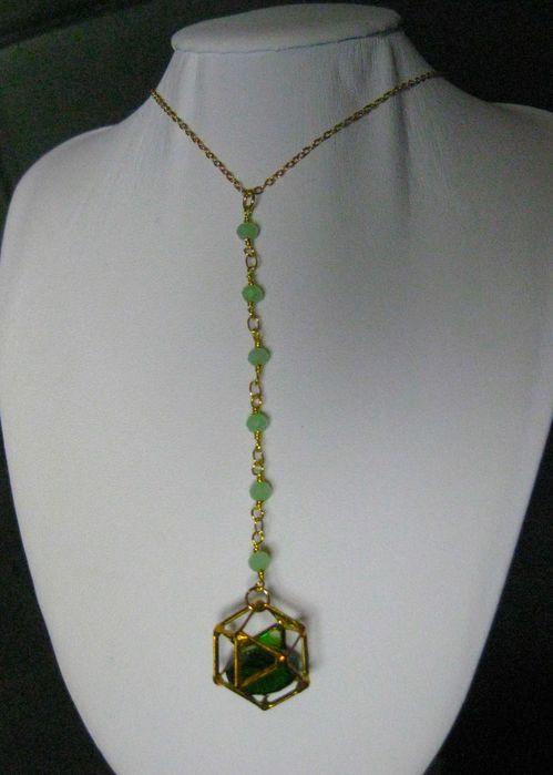 Colar Aço Tripartido c/ Contas e Pedra Verde NOVO