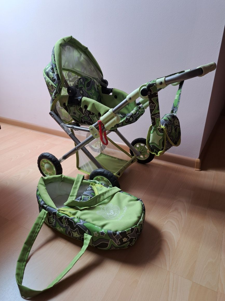 Zielony wózek dla lalek "A Baby's Smile" – wyjmowane nosidełko + torba