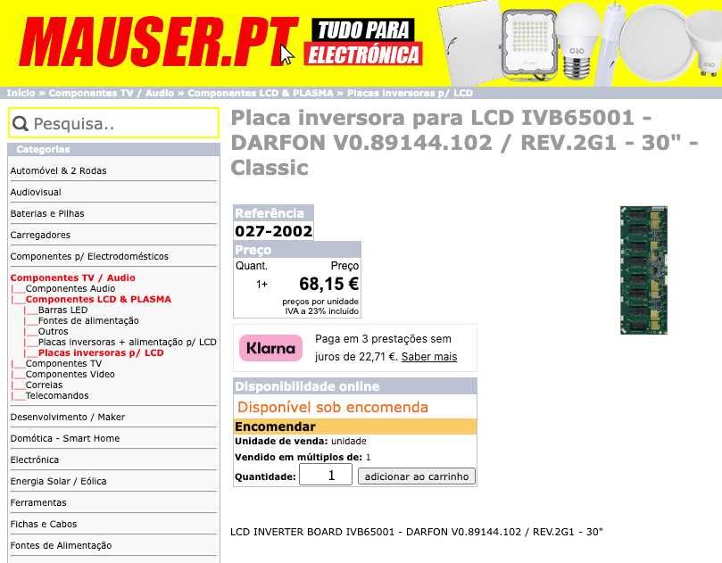 Placa inversora LCD IVB65001 - DARFON V0.89144.102 / REV.2G1 - 30"