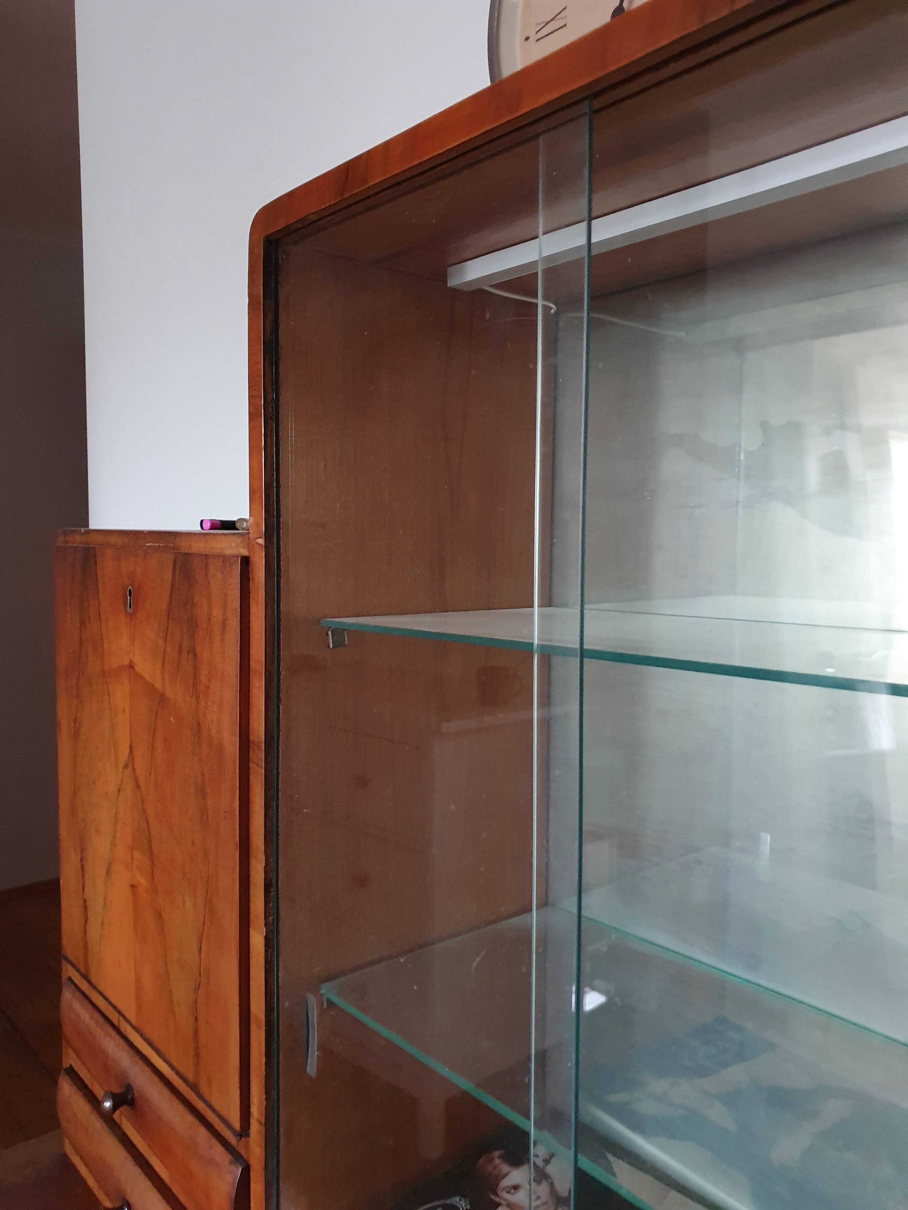 Fornirowany kredens z nadstawką, regał, witryna, PRL, midcentury