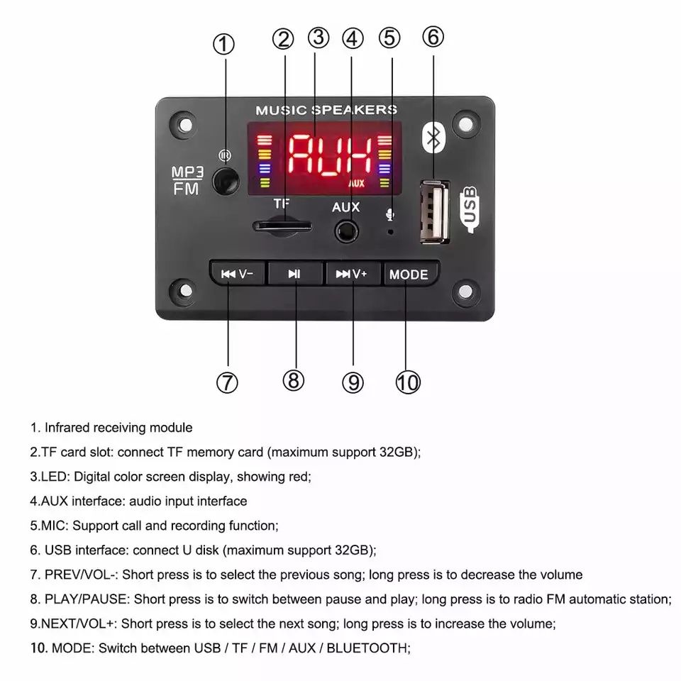 Декодер аудио модуль, МР3 Bluetooth 5,0 . FM TF USB AUX. Плеер DC5-12V