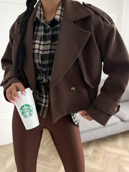 Czekoladowy jesienny krótki trencz płaszczyk Varlesca chicaca S M L XL