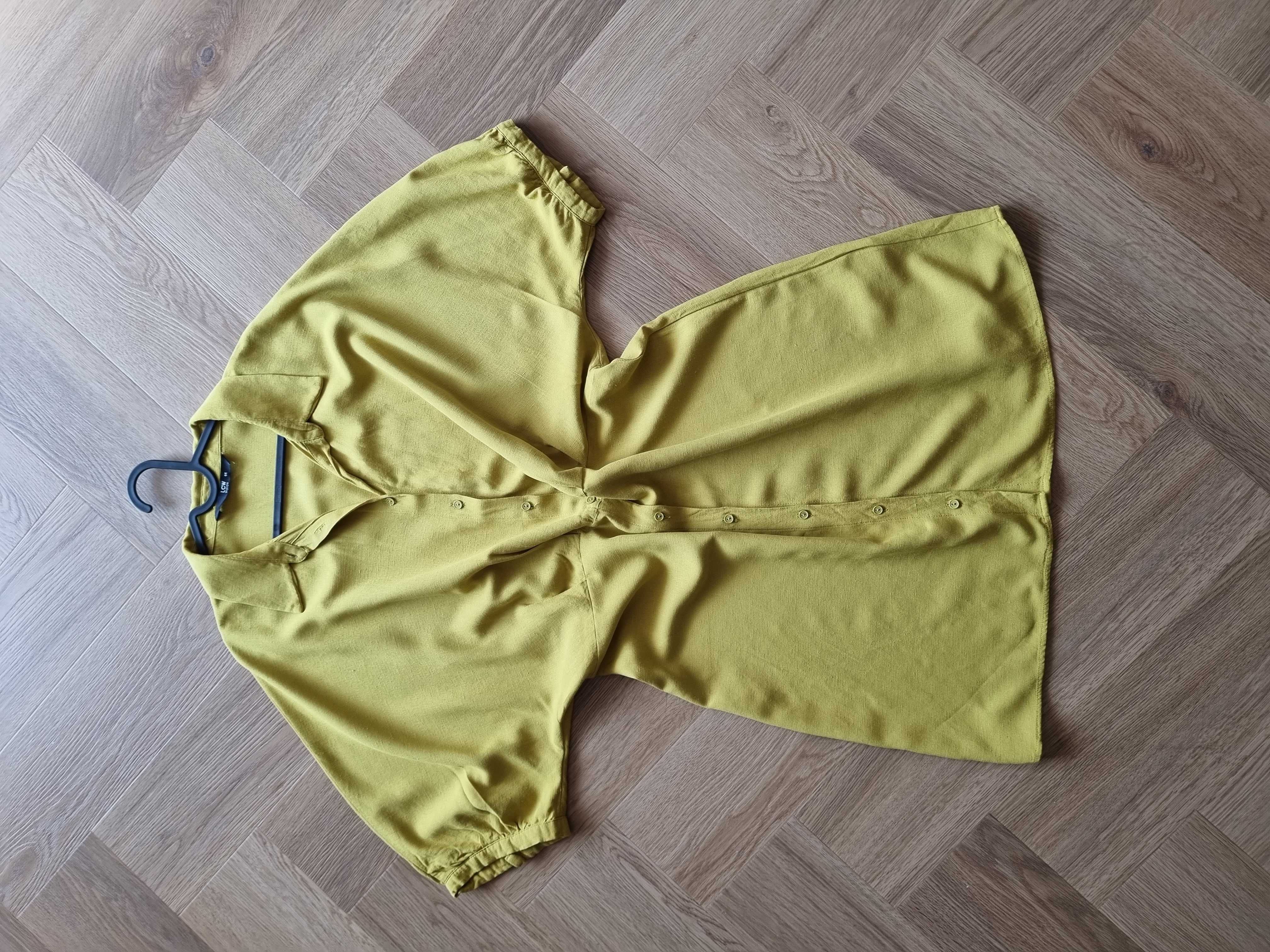 Żółta sukienka midi rękawy nietoperze len wiskoza na lato plus size