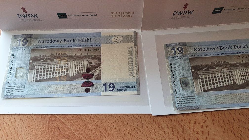 Banknot 19zł 100-lecie powstania PWPW