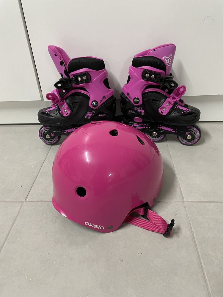 Patins e capacete rosa