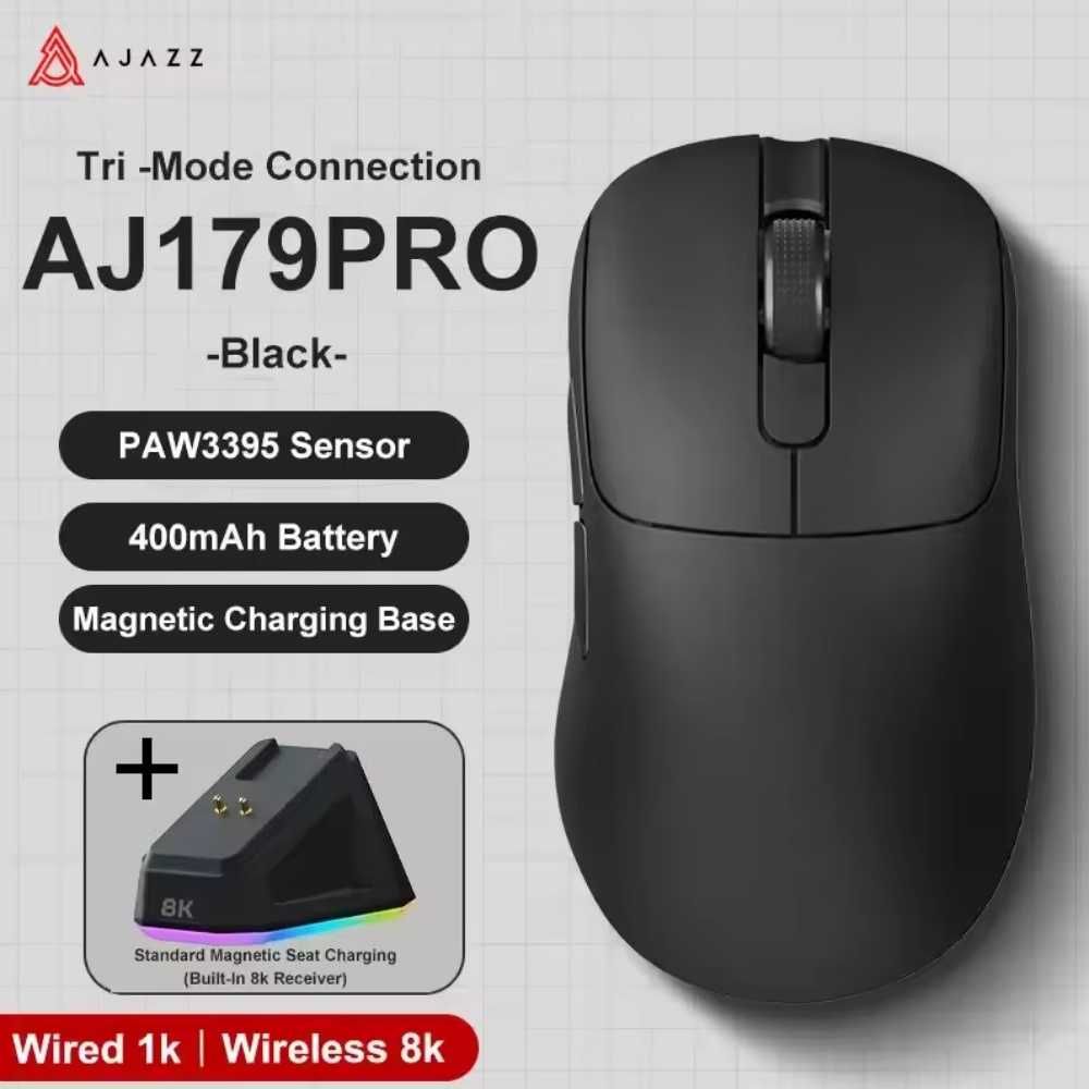 Игровая мышь Ajazz AJ179 PRO PAW3395 BT5.2 Black + док-станция
