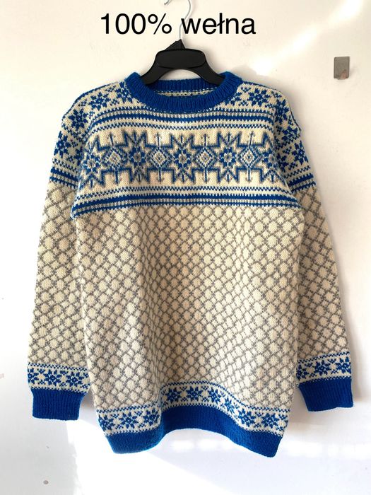 Wełniany norweskie wzory sweter lopapeysa boxy oversize handmade