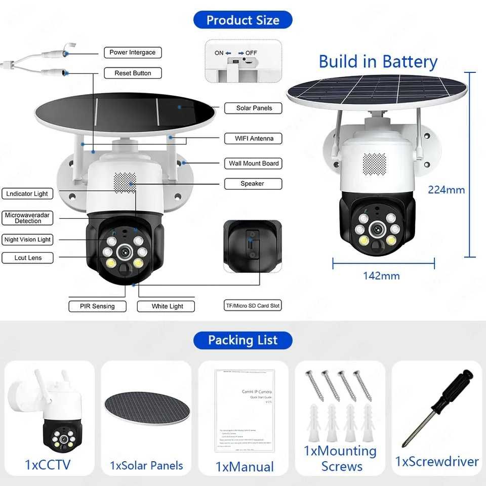 Camera de Vigilância PTZ com painel Solar Wi-Fi Segurança e Sem Fios