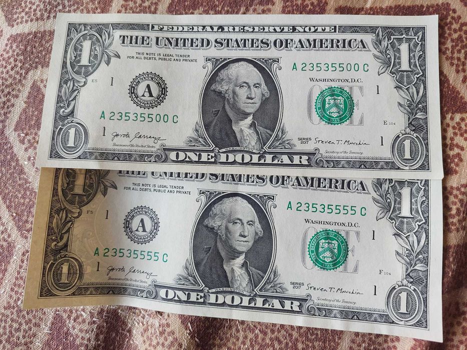 Купюра 1 американский доллар, красивые номера.