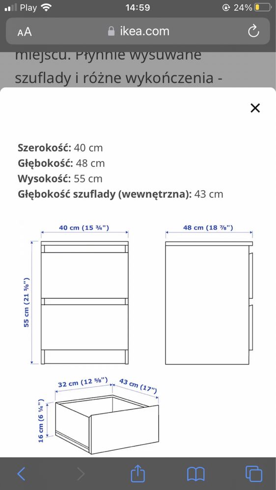 MALM Komoda, 2 szuflady, czarnobrąz, 40x55 cm Ikea 2szt