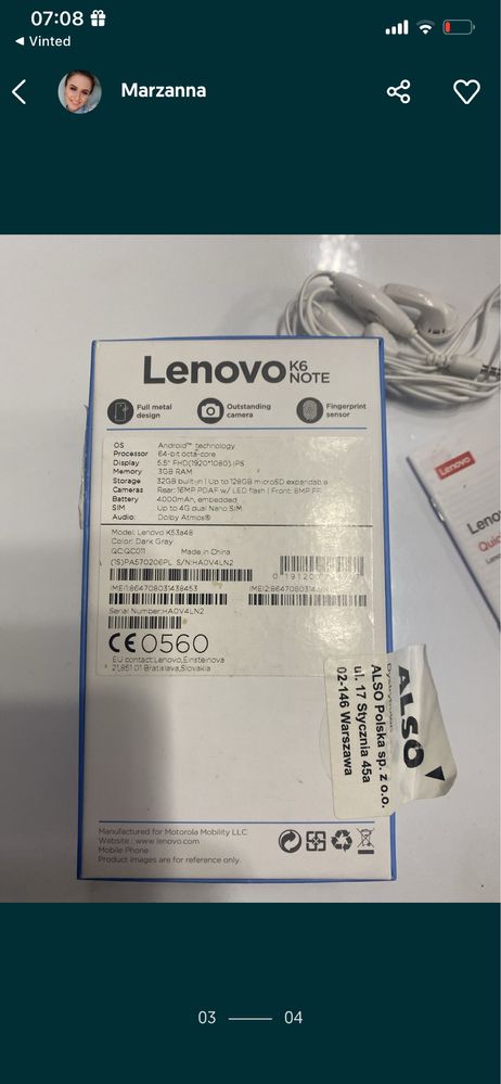 Oryginalne opakowanie pudelko telefonu Lenovo K6 Note i sluchawki