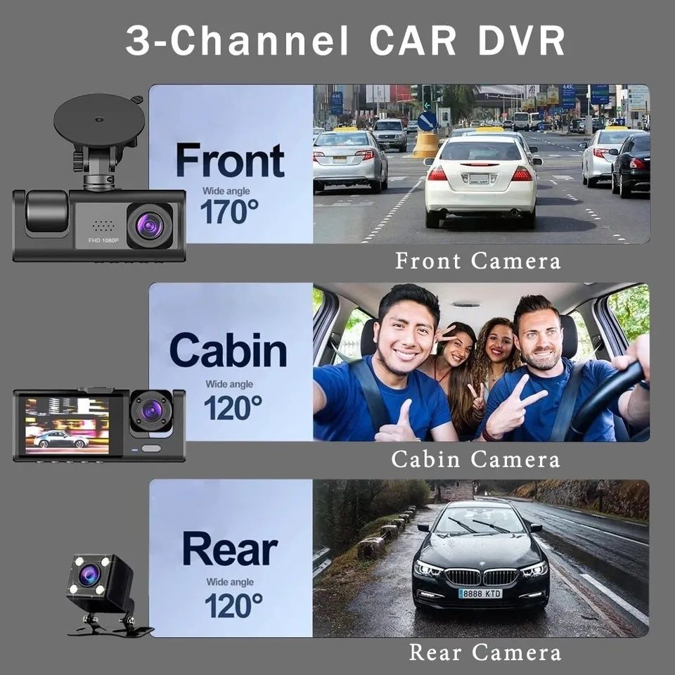 3-камерный Автомобильный видеорегистратор HD 1080P, 3-объективный вну