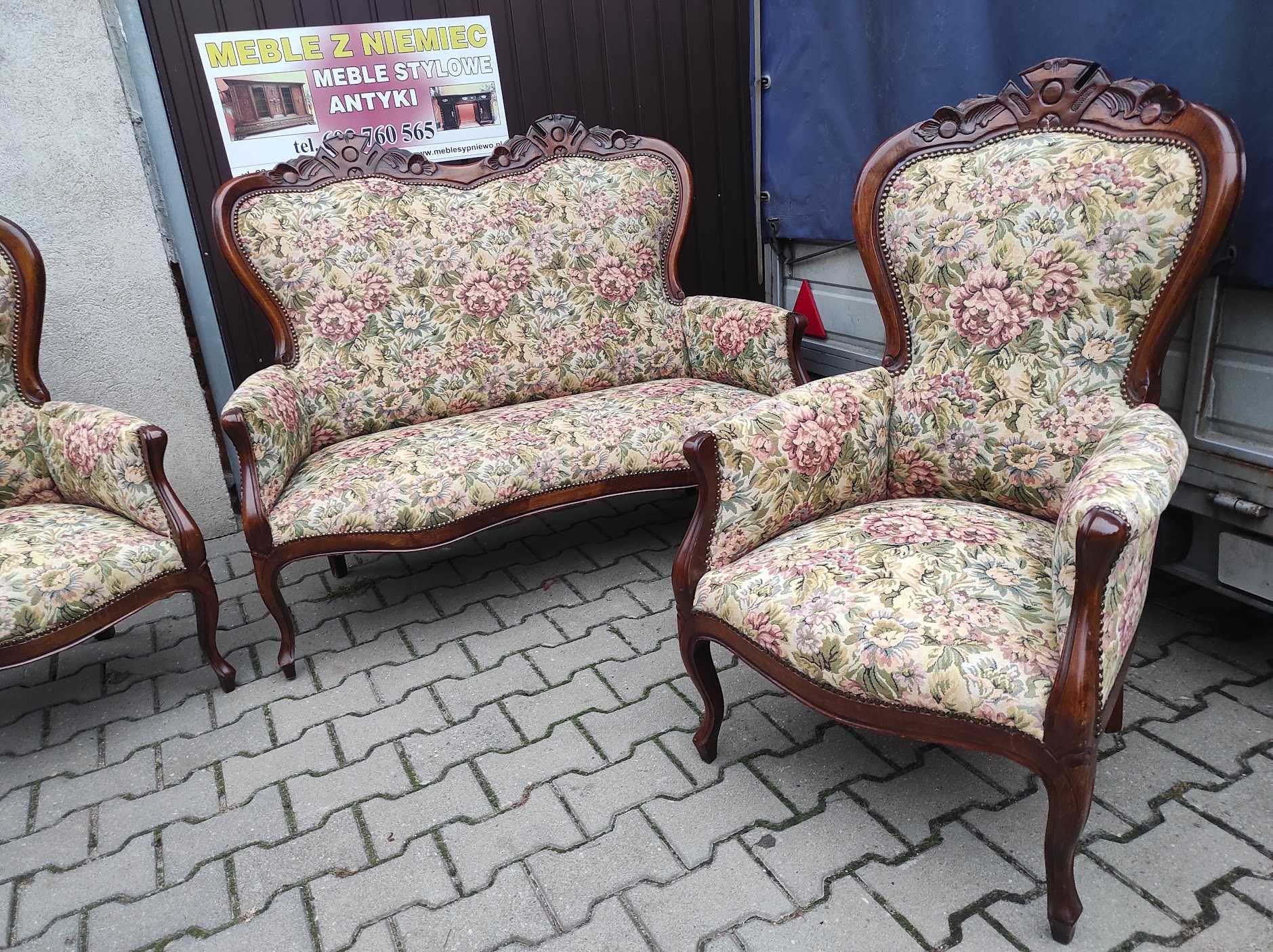 Piękny komplet wypoczynkowy w stylu LUDWIKOWSKIM 2+1+1 chippendale