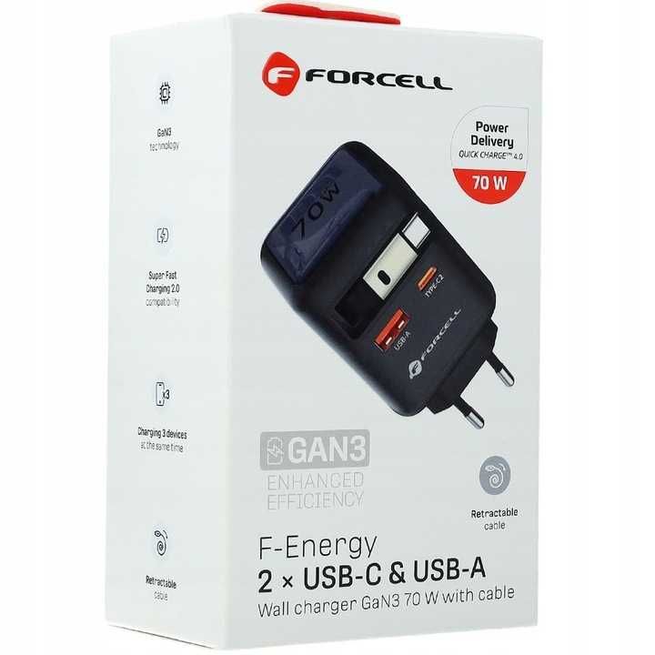 Ładowarka sieciowa GaN USB C + USB + zwijany kabel USB C PD QC4.0  70W