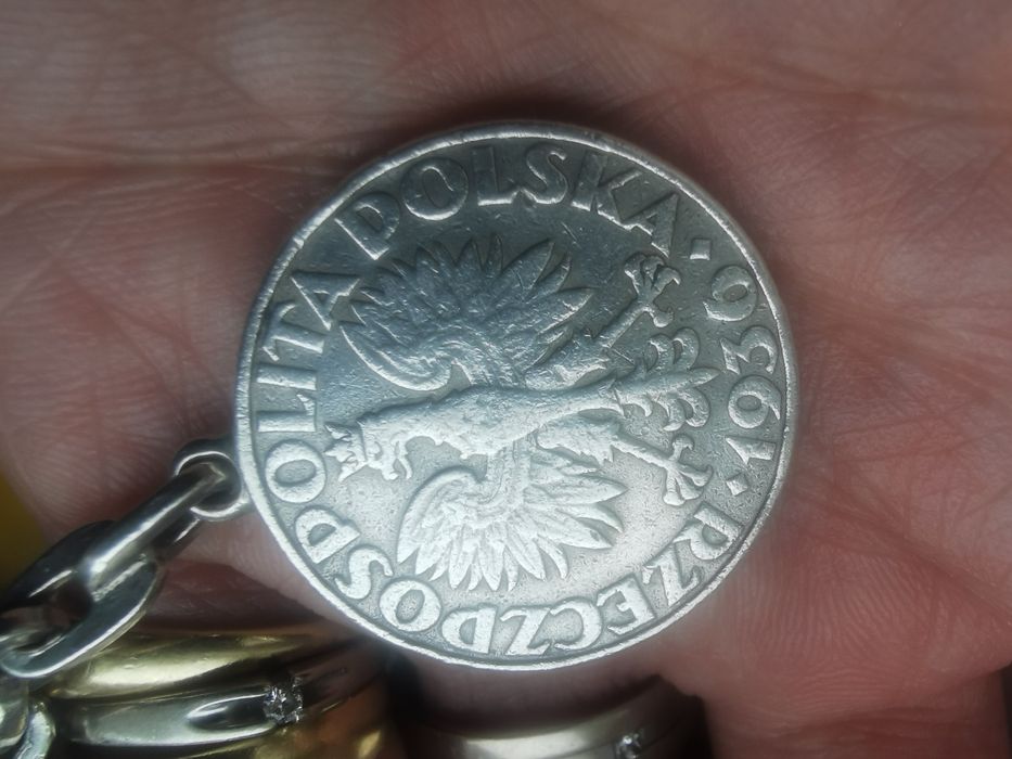 Brelok srebrny Unikat do kluczy z monetą srebrną 5 złotych żaglowiec
