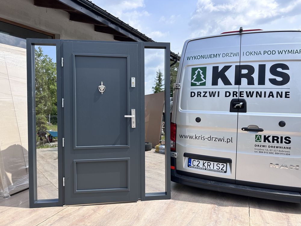 Drzwi drewniane wejściowe OD RĘKI Z doświetlami 180x208 cała Polska