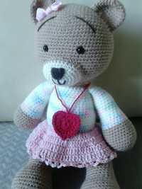 Miś z włóczki w spódniczce i z kokardą - Teddy Bear - Handmade