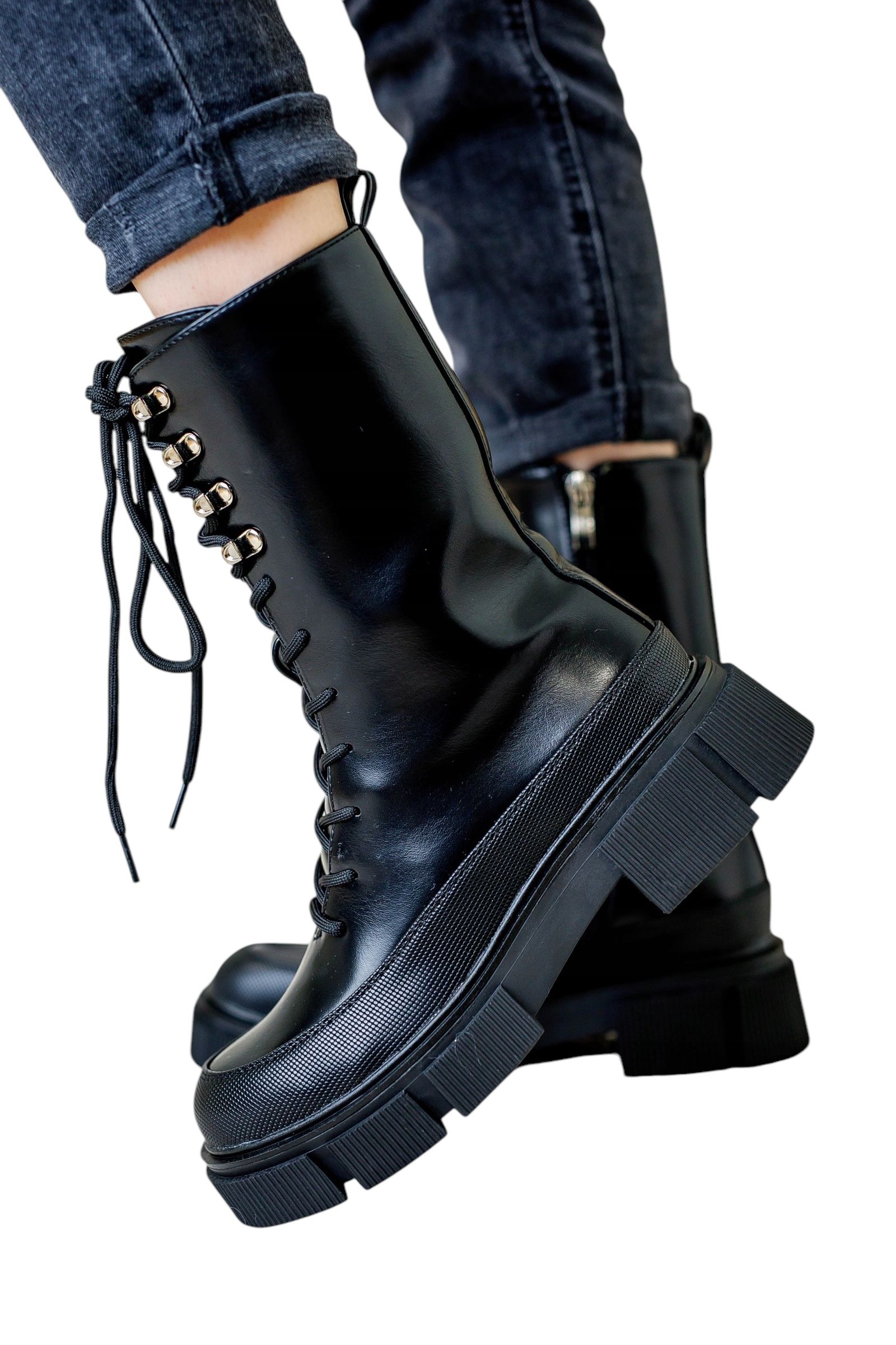 Buty damskie botki glany rozmiar 41 wysokie sznurowane czarne bikery