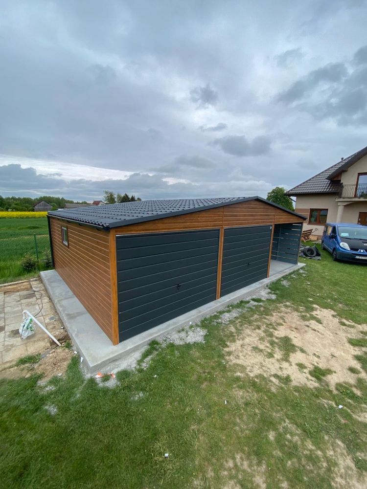 Garaż blaszany 6x5.8 plus wiata 3x5.8, profil zamknięty, drewnopodobny