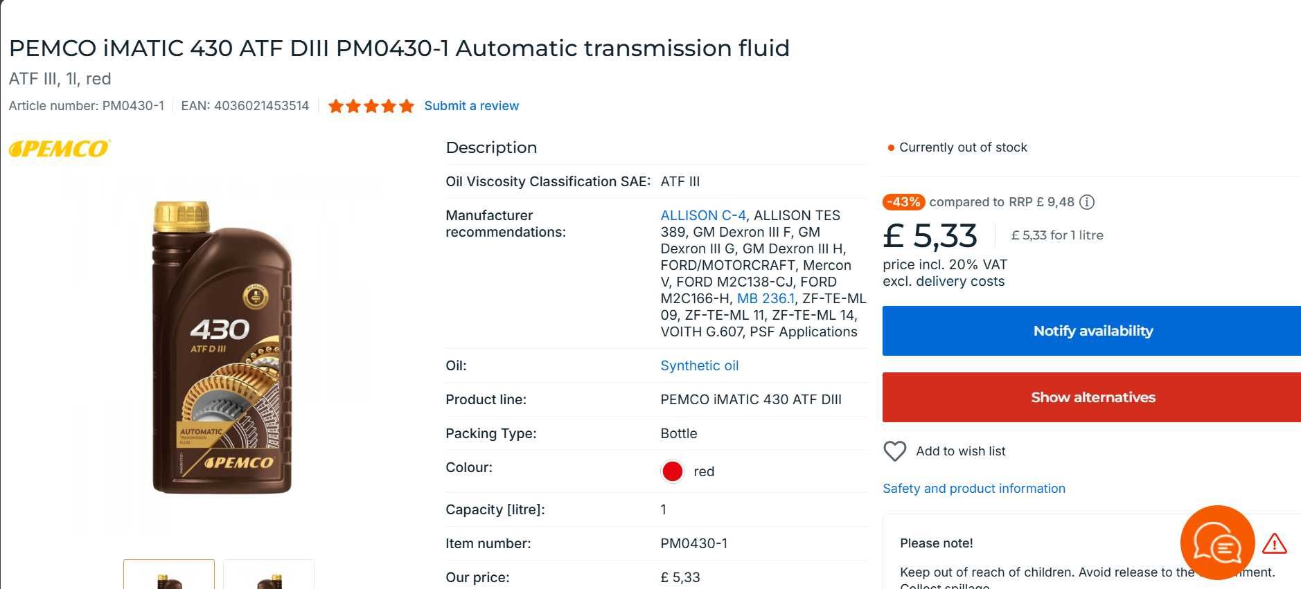 Óleo de transmissão PEMCO 430 para caixas de velocidades automáticas