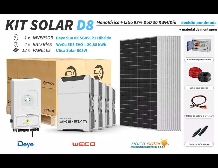 Kit de lítio Deye D8 de 30 kWh/dia com bateria WeCo de 20,88 kWh