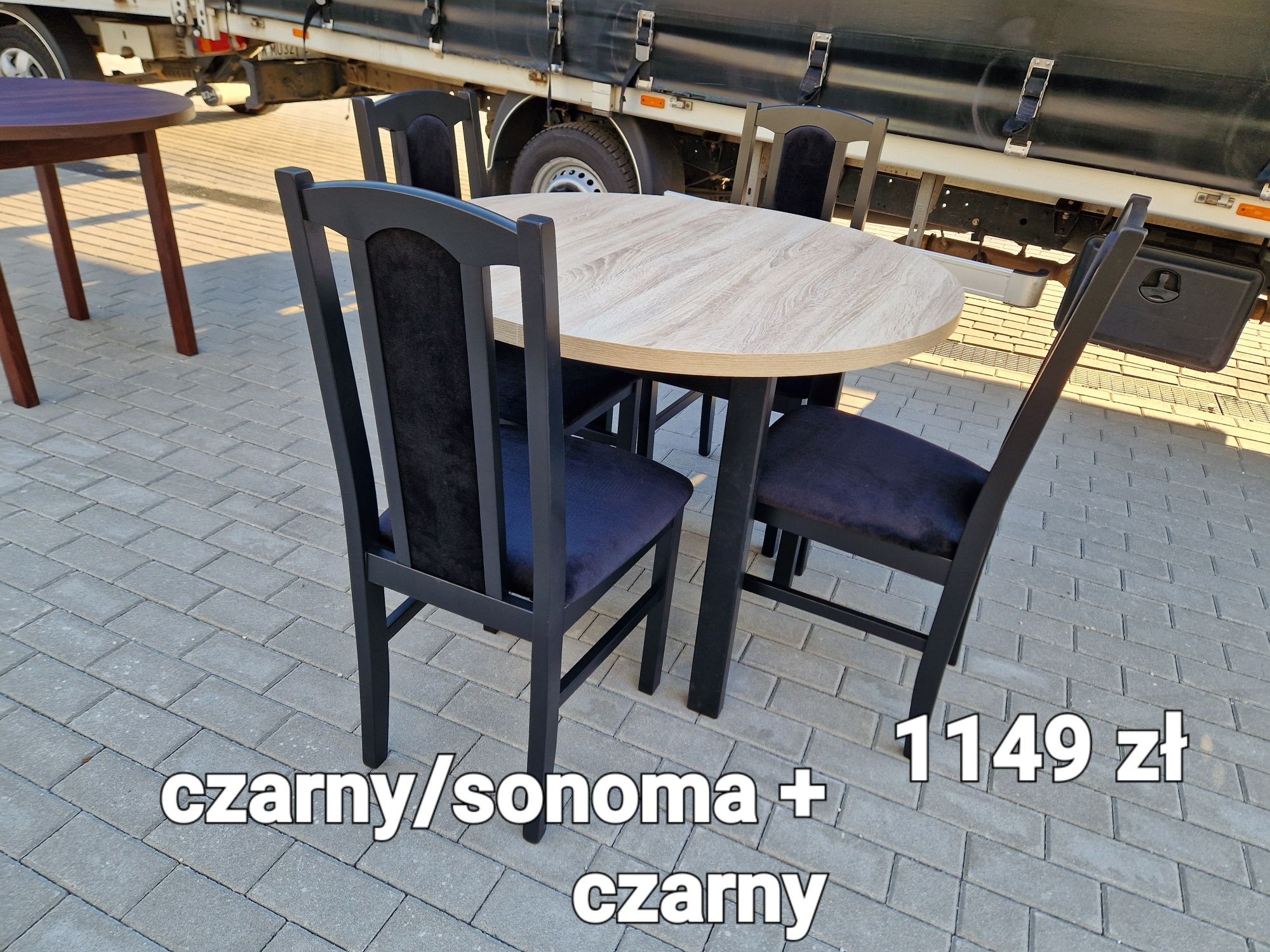 Nowe: Stół okrągły + 4 krzesła,  czarny/sonoma + czarny , dostawa PL